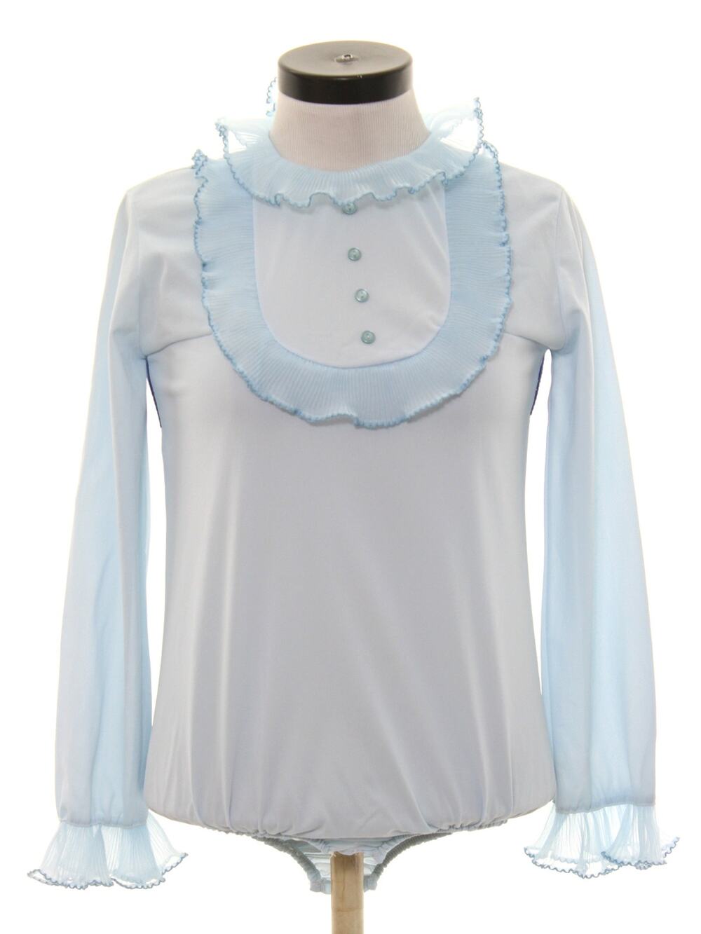 Vintage 70s Baronet Baby Blue Pleated Trim Long Sleeve Bodysuit Women Medium